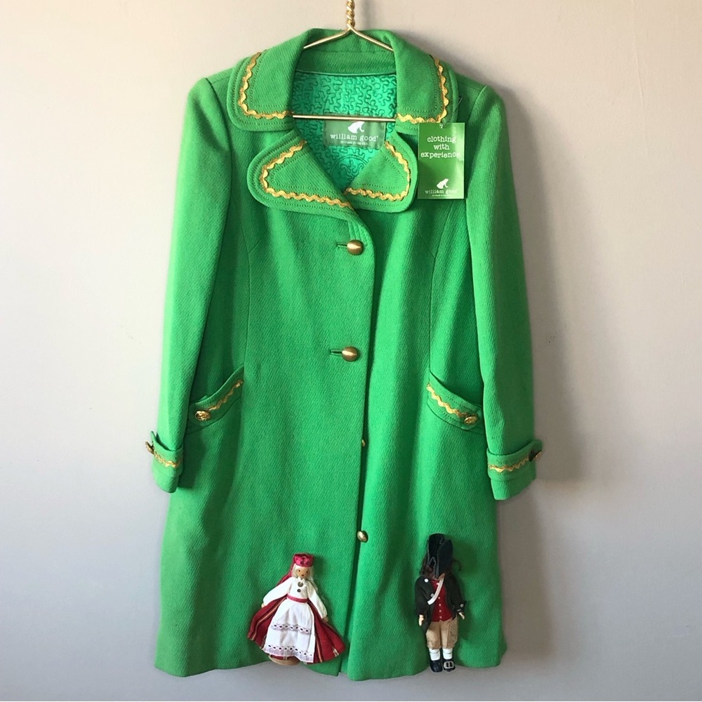 Rare William Good Green Wool Gold Buttons whimsical one of a kind artisan coat S